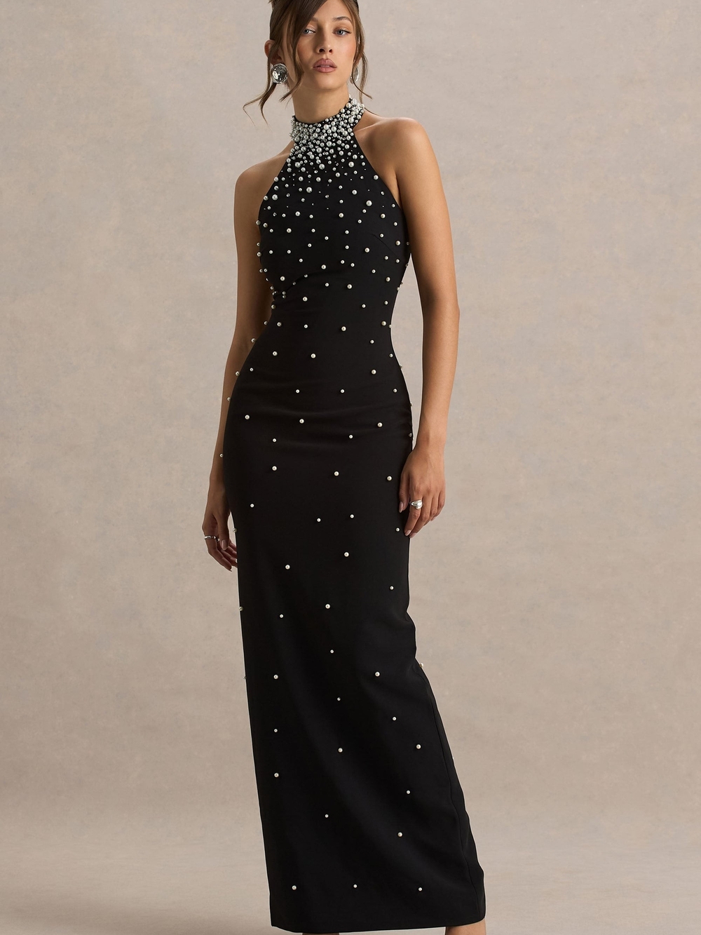 Black Pearl-Embellished Halter Evening Dress US 8